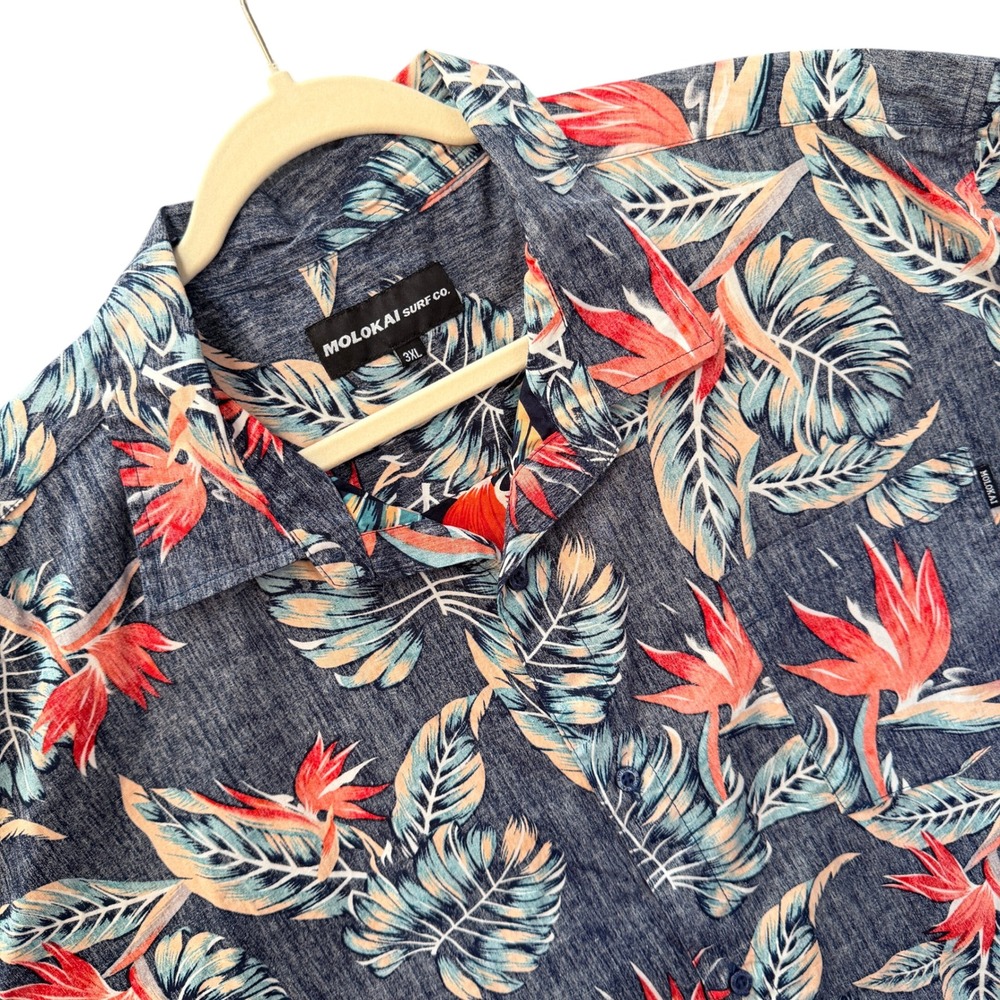Molokai Surf Co Shirt Mens 3XL Blue Floral Bird of Paradise Hawaiian Button Down